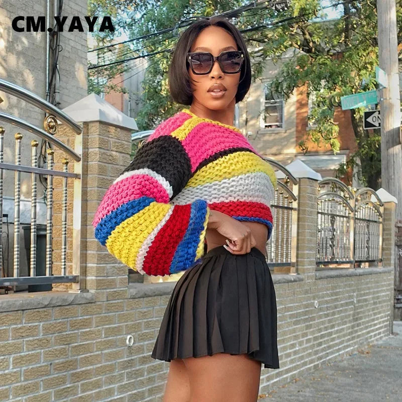 CM.YAYA Fashion Women Long Sleeve Knitted striped rainbow Pullovers Sweaters Tops O-neck Outwear 2024 Autumn Winter Streetwear