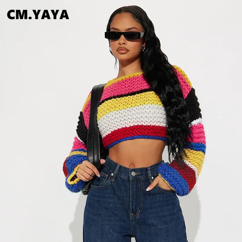 CM.YAYA Fashion Women Long Sleeve Knitted striped rainbow Pullovers Sweaters Tops O-neck Outwear 2024 Autumn Winter Streetwear