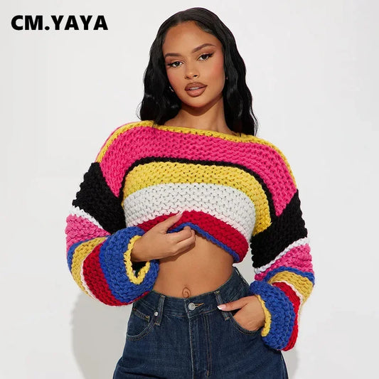 CM.YAYA Fashion Women Long Sleeve Knitted striped rainbow Pullovers Sweaters Tops O-neck Outwear 2024 Autumn Winter Streetwear