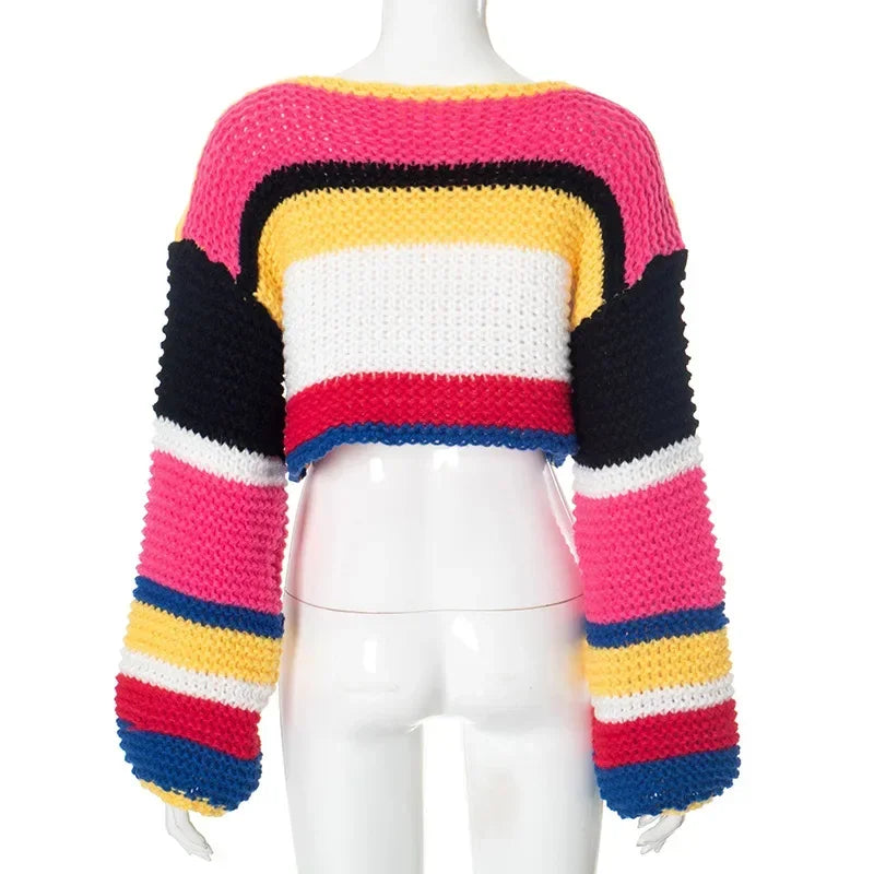 CM.YAYA Fashion Women Long Sleeve Knitted striped rainbow Pullovers Sweaters Tops O-neck Outwear 2024 Autumn Winter Streetwear