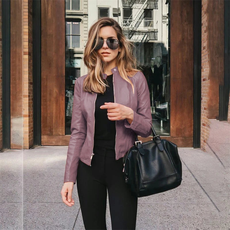 Hot Autumn And Winter Fashion PU Suit Jacket Solid Color Zipper Leather Personality Street Elegant Jacket Women's Clothing