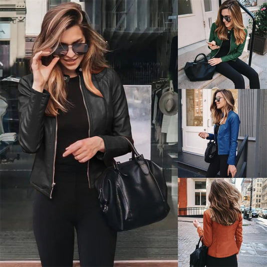 Hot Autumn And Winter Fashion PU Suit Jacket Solid Color Zipper Leather Personality Street Elegant Jacket Women's Clothing