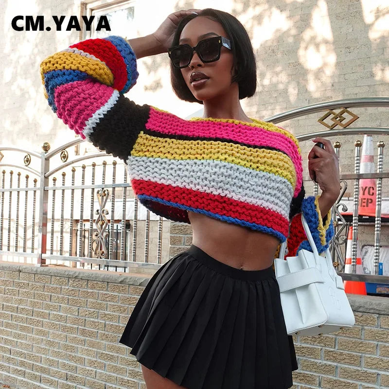 CM.YAYA Fashion Women Long Sleeve Knitted striped rainbow Pullovers Sweaters Tops O-neck Outwear 2024 Autumn Winter Streetwear