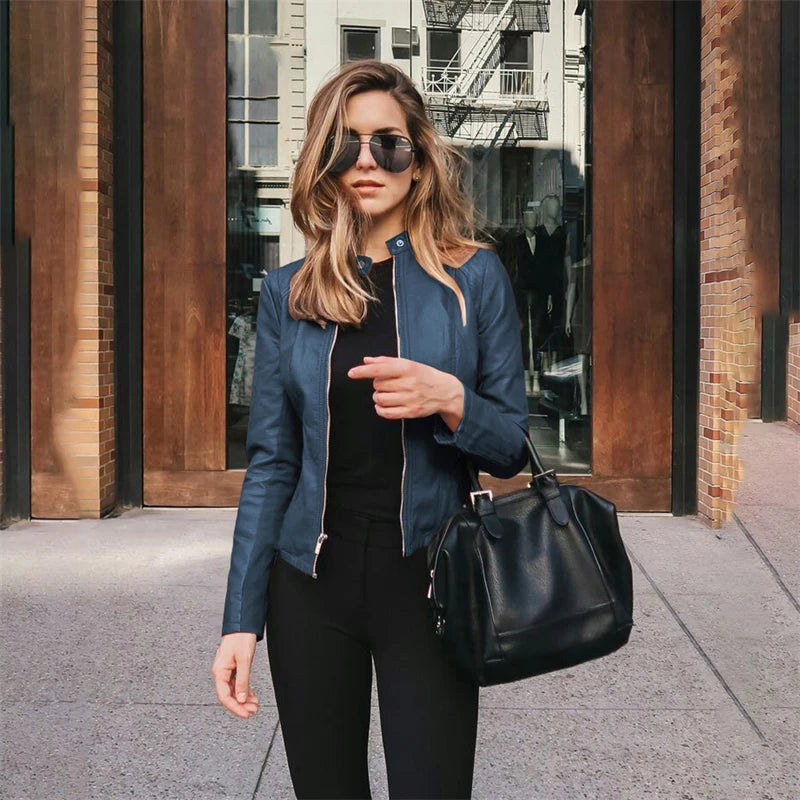 Hot Autumn And Winter Fashion PU Suit Jacket Solid Color Zipper Leather Personality Street Elegant Jacket Women's Clothing