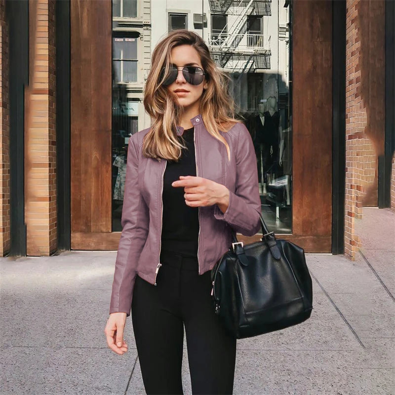 Hot Autumn And Winter Fashion PU Suit Jacket Solid Color Zipper Leather Personality Street Elegant Jacket Women's Clothing