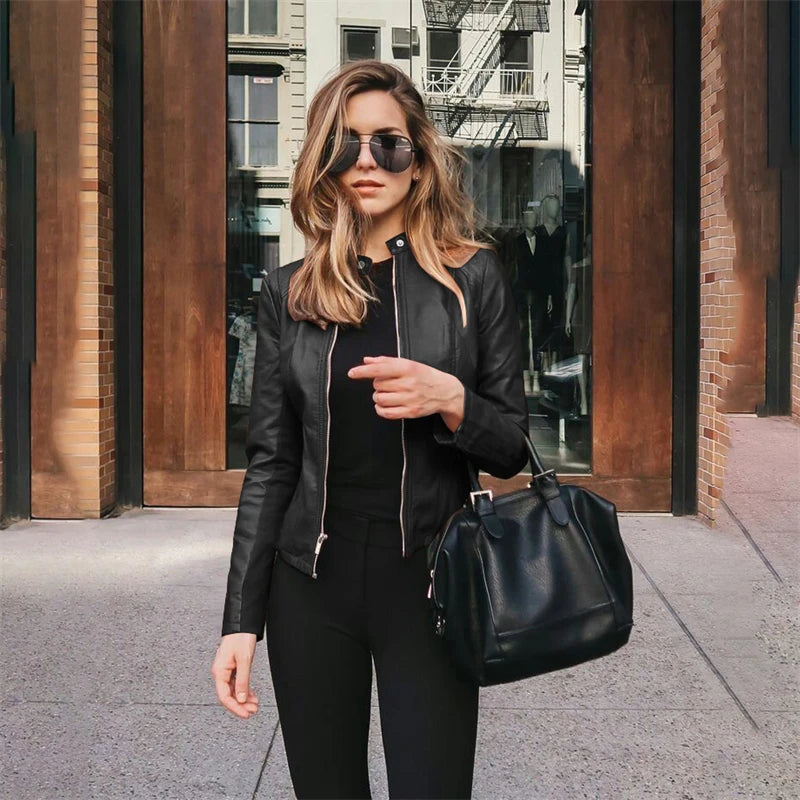 Hot Autumn And Winter Fashion PU Suit Jacket Solid Color Zipper Leather Personality Street Elegant Jacket Women's Clothing