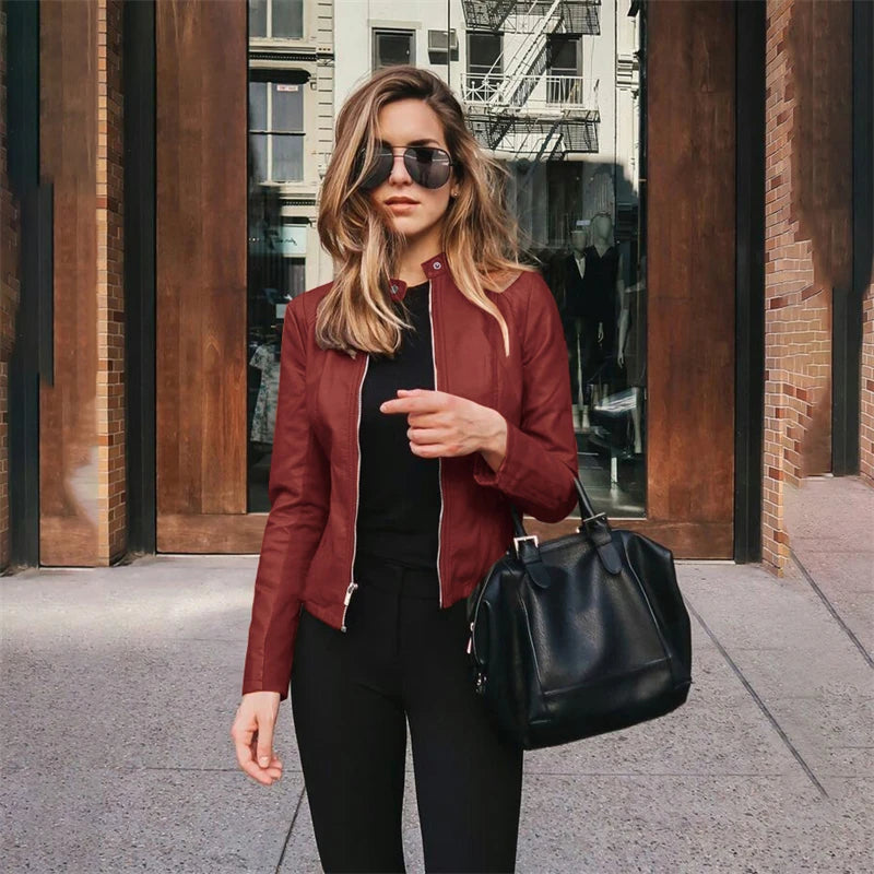 Hot Autumn And Winter Fashion PU Suit Jacket Solid Color Zipper Leather Personality Street Elegant Jacket Women's Clothing