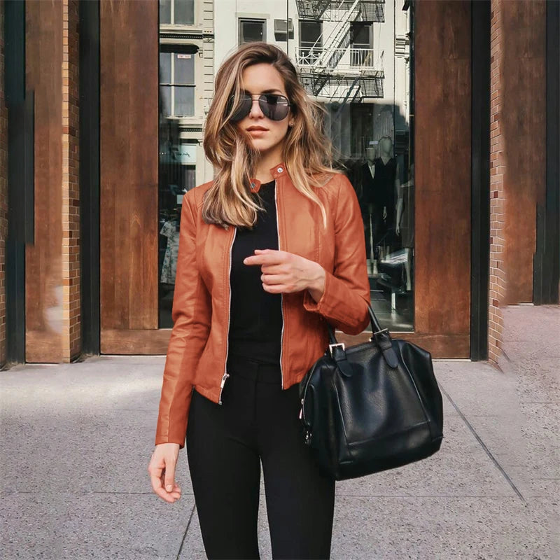 Hot Autumn And Winter Fashion PU Suit Jacket Solid Color Zipper Leather Personality Street Elegant Jacket Women's Clothing